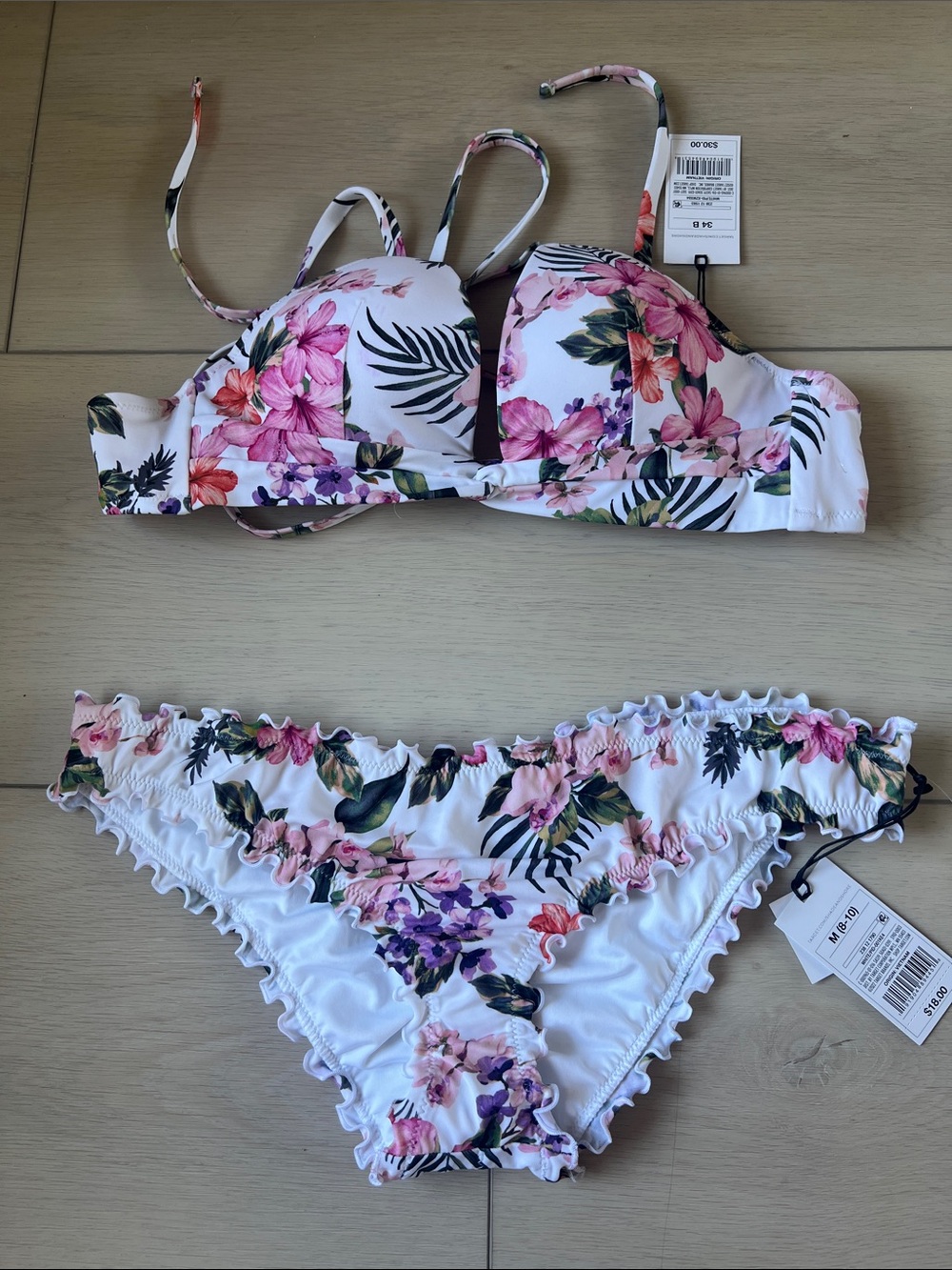 Shade & Shore White Floral Bikini Set with Pink & Green Print